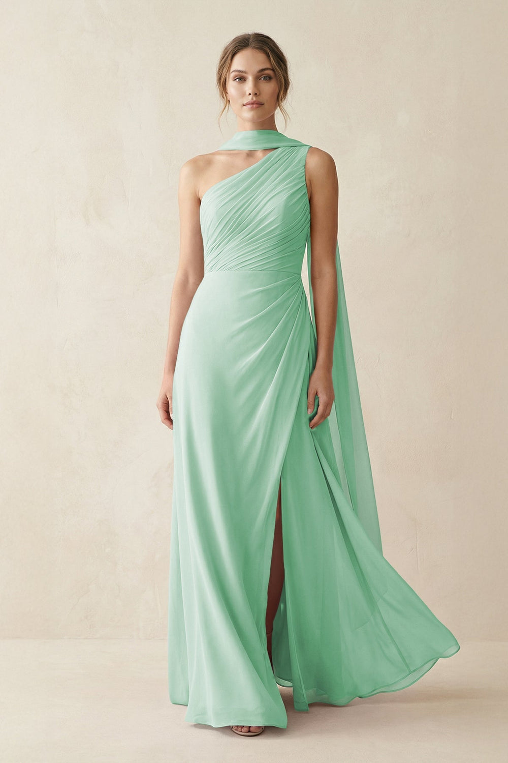 One - Shoulder Sheath Chiffon Bridesmaid Dress with Ribbon in Pale Pistachio - KISS BRIDAL Bridesmaid Dresses