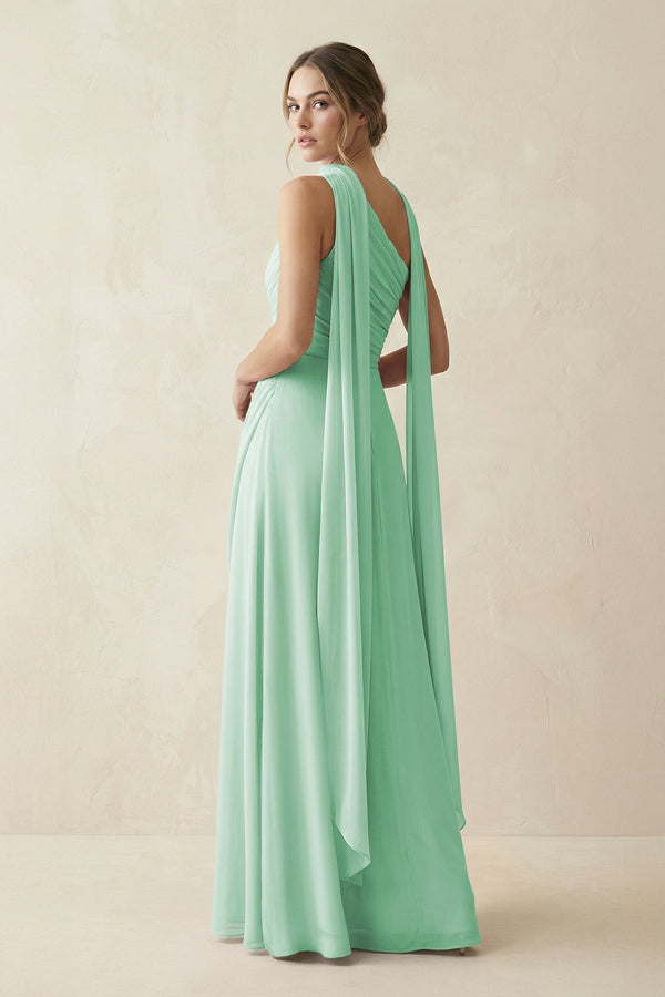 One - Shoulder Sheath Chiffon Bridesmaid Dress with Ribbon in Pale Pistachio - SHE IS ME Bridesmaid Dresses