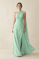 One-Shoulder Sheath Chiffon Bridesmaid Dress with Ribbon in Pale Pistachio | KISSBRIDAL