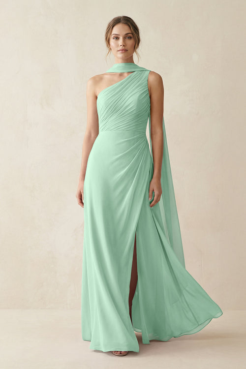 One-Shoulder Sheath Chiffon Bridesmaid Dress with Ribbon in Pale Pistachio | KISSBRIDAL
