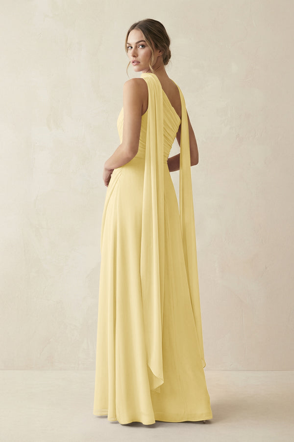 One - Shoulder Sheath Chiffon Bridesmaid Dress with Ribbon in Pastel Yellow - SHE IS ME Bridesmaid Dresses