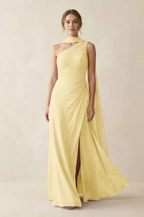 One - Shoulder Sheath Chiffon Bridesmaid Dress with Ribbon in Pastel Yellow - SHE IS ME Bridesmaid Dresses