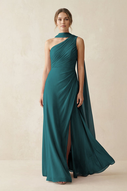 One - Shoulder Sheath Chiffon Bridesmaid Dress with Ribbon in Pine - SHE IS ME Bridesmaid Dresses