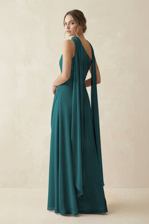 One - Shoulder Sheath Chiffon Bridesmaid Dress with Ribbon in Pine - SHE IS ME Bridesmaid Dresses