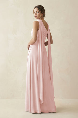 One-Shoulder Sheath Chiffon Bridesmaid Dress with Ribbon in Rose Petal (2) | KISSBRIDAL