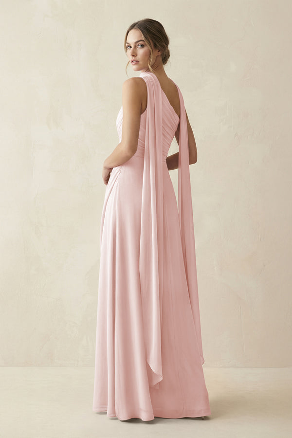 One-Shoulder Sheath Chiffon Bridesmaid Dress with Ribbon in Rose Petal (2) | KISSBRIDAL