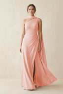 One - Shoulder Sheath Chiffon Bridesmaid Dress with Ribbon in Rose Petal - SHE IS ME Bridesmaid Dresses