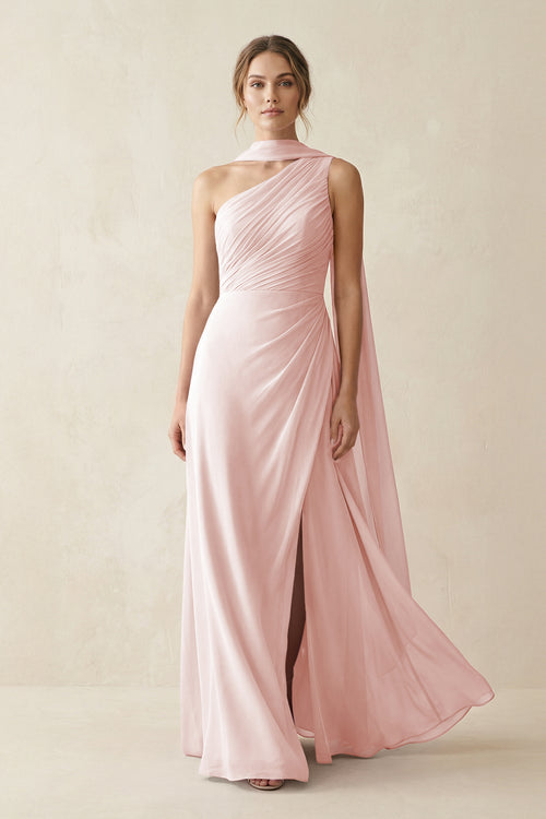 One-Shoulder Sheath Chiffon Bridesmaid Dress with Ribbon in Rose Petal | KISSBRIDAL