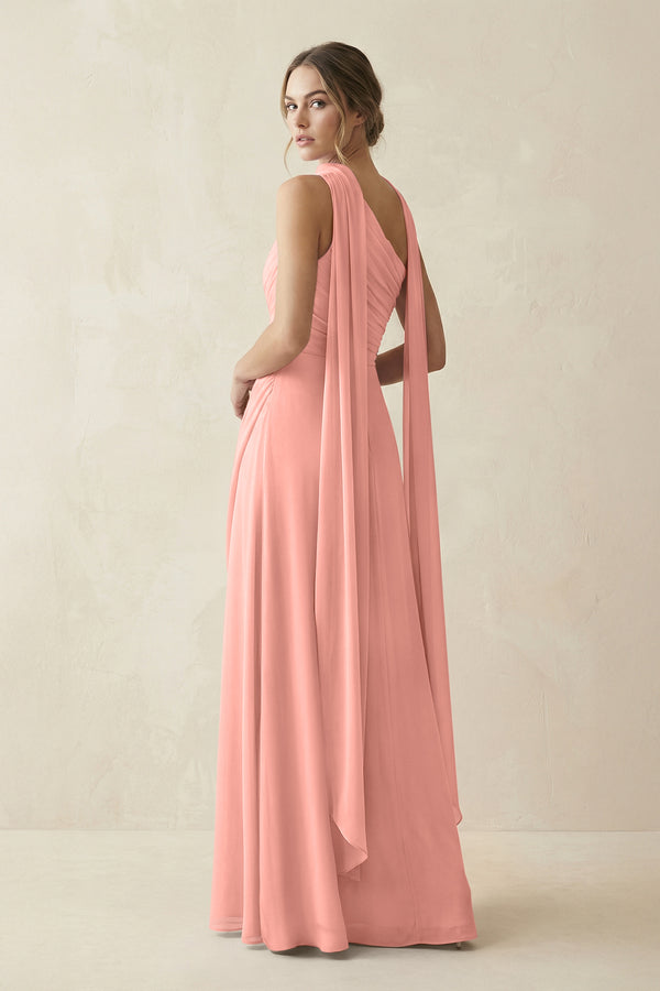 One-Shoulder Sheath Chiffon Bridesmaid Dress with Ribbon in Rosette (2) | KISSBRIDAL