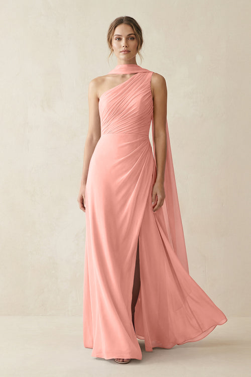One-Shoulder Sheath Chiffon Bridesmaid Dress with Ribbon in Rosette | KISSBRIDAL