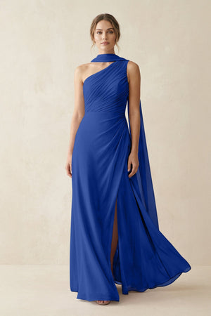 One - Shoulder Sheath Chiffon Bridesmaid Dress with Ribbon in Royal Blue - SHE IS ME Bridesmaid Dresses