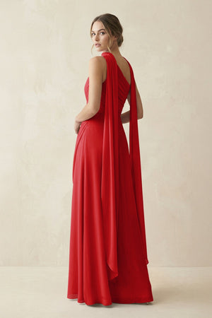 One - Shoulder Sheath Chiffon Bridesmaid Dress with Ribbon in Ruby Red - SHE IS ME Bridesmaid Dresses