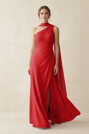 One - Shoulder Sheath Chiffon Bridesmaid Dress with Ribbon in Ruby Red - SHE IS ME Bridesmaid Dresses