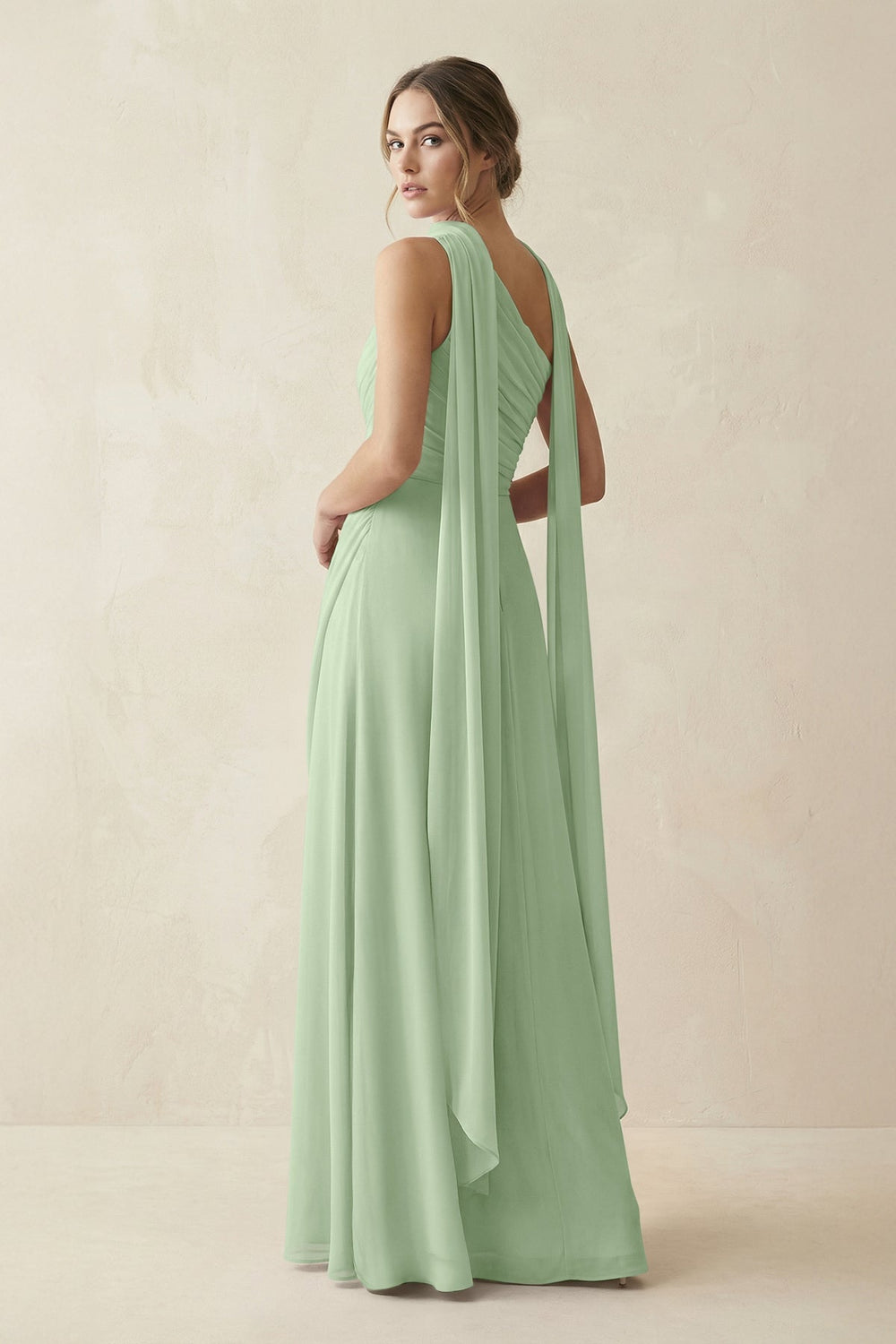 One - Shoulder Sheath Chiffon Bridesmaid Dress with Ribbon in Sage - KISS BRIDAL Bridesmaid Dresses