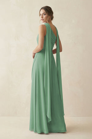 One - Shoulder Sheath Chiffon Bridesmaid Dress with Ribbon in Sea Glass - SHE IS ME Bridesmaid Dresses