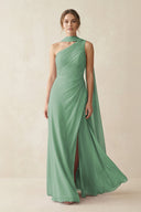 One - Shoulder Sheath Chiffon Bridesmaid Dress with Ribbon in Sea Glass - SHE IS ME Bridesmaid Dresses