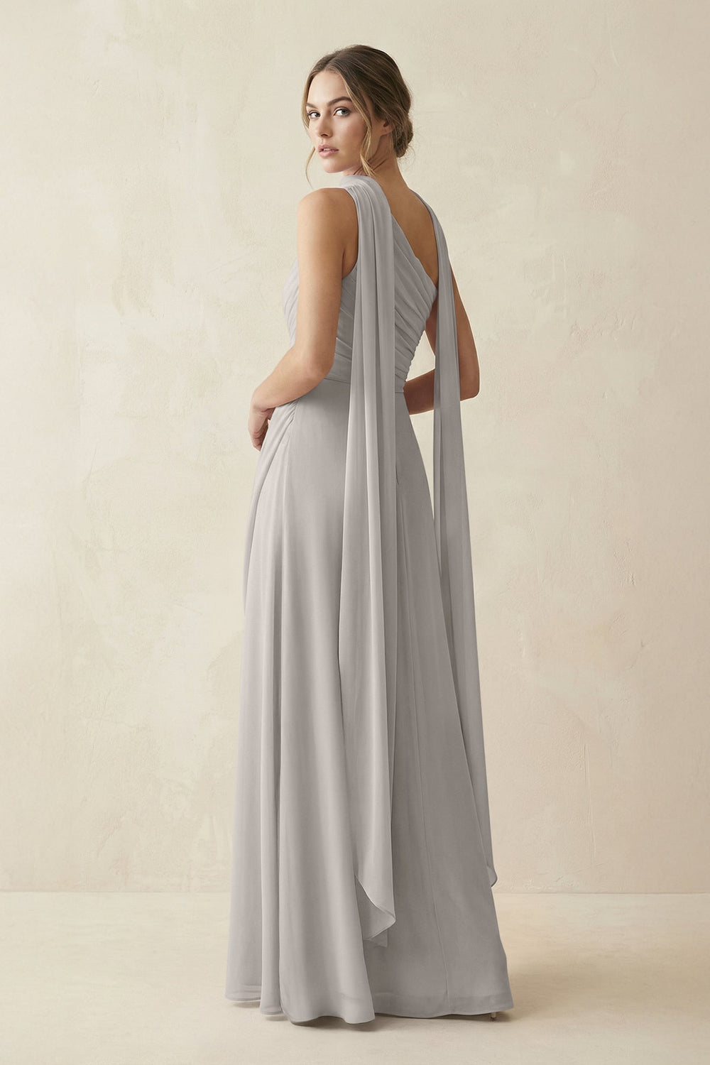 One - Shoulder Sheath Chiffon Bridesmaid Dress with Ribbon in Silver - KISS BRIDAL Bridesmaid Dresses