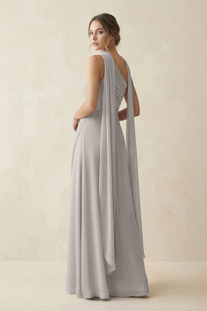 One - Shoulder Sheath Chiffon Bridesmaid Dress with Ribbon in Silver - SHE IS ME Bridesmaid Dresses