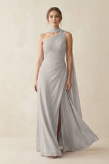 One - Shoulder Sheath Chiffon Bridesmaid Dress with Ribbon in Silver - KISS BRIDAL Bridesmaid Dresses