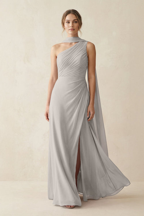 One - Shoulder Sheath Chiffon Bridesmaid Dress with Ribbon in Silver - SHE IS ME Bridesmaid Dresses