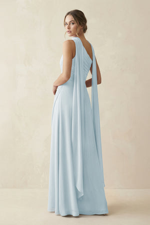 One-Shoulder Sheath Chiffon Bridesmaid Dress with Ribbon in Sky Blue (2) | KISSBRIDAL