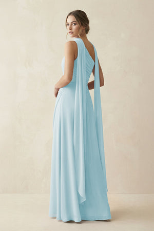One - Shoulder Sheath Chiffon Bridesmaid Dress with Ribbon in Sky Blue - SHE IS ME Bridesmaid Dresses