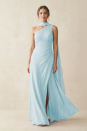 One - Shoulder Sheath Chiffon Bridesmaid Dress with Ribbon in Sky Blue - SHE IS ME Bridesmaid Dresses