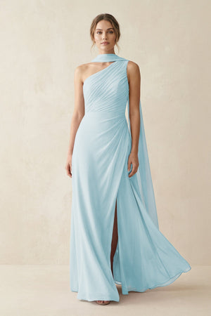 One - Shoulder Sheath Chiffon Bridesmaid Dress with Ribbon in Sky Blue - SHE IS ME Bridesmaid Dresses