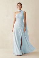 One-Shoulder Sheath Chiffon Bridesmaid Dress with Ribbon in Sky Blue | KISSBRIDAL