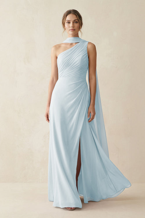 One-Shoulder Sheath Chiffon Bridesmaid Dress with Ribbon in Sky Blue | KISSBRIDAL