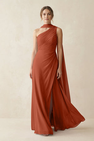 One - Shoulder Sheath Chiffon Bridesmaid Dress with Ribbon in Spice - SHE IS ME Bridesmaid Dresses