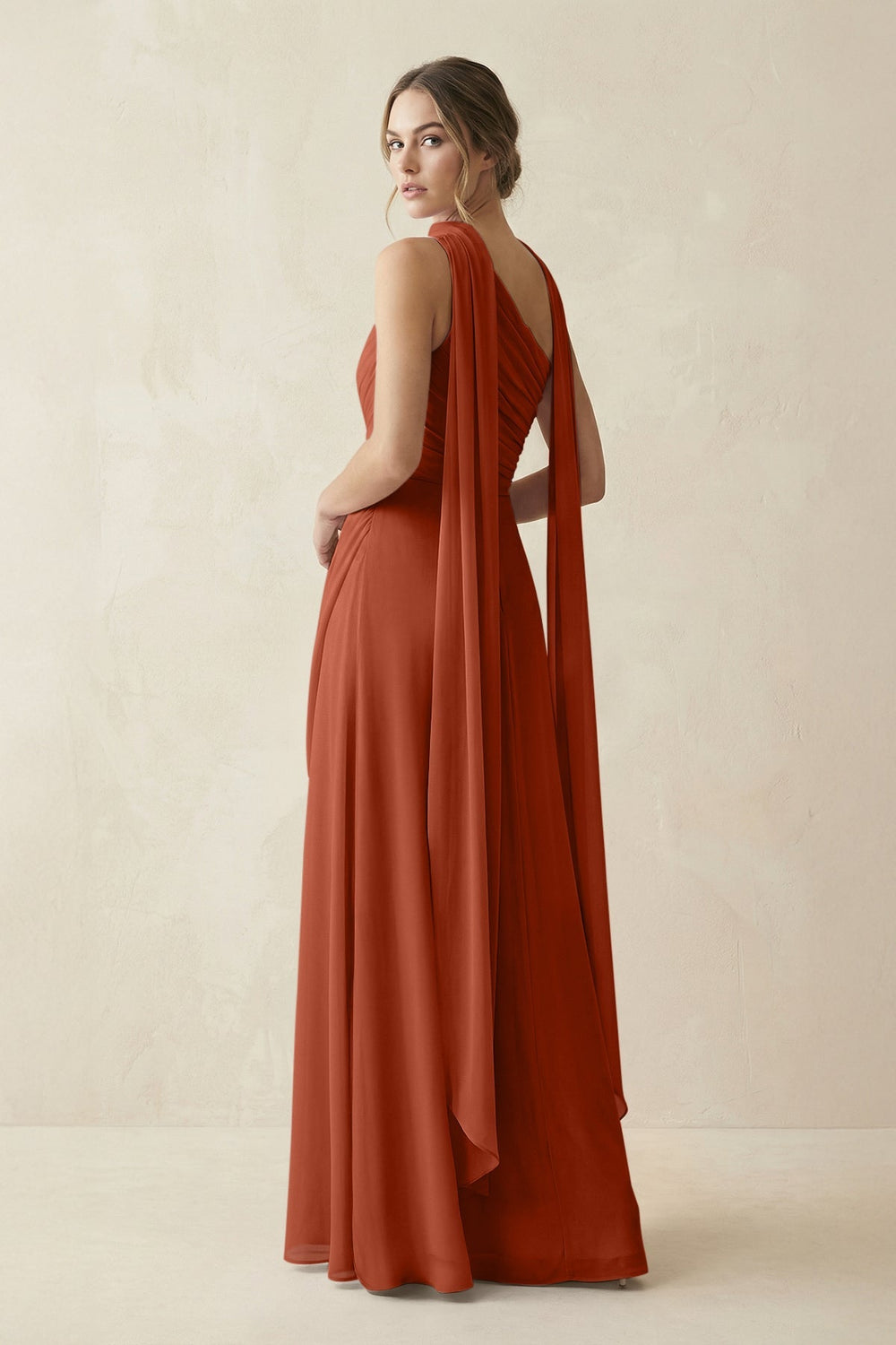 One - Shoulder Sheath Chiffon Bridesmaid Dress with Ribbon in Spice - KISS BRIDAL Bridesmaid Dresses