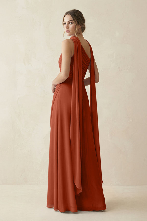 One - Shoulder Sheath Chiffon Bridesmaid Dress with Ribbon in Spice - SHE IS ME Bridesmaid Dresses
