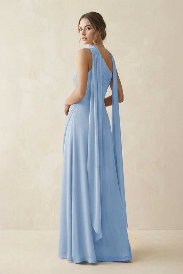 One-Shoulder Sheath Chiffon Bridesmaid Dress with Ribbon in Steel Blue (2) | KISSBRIDAL