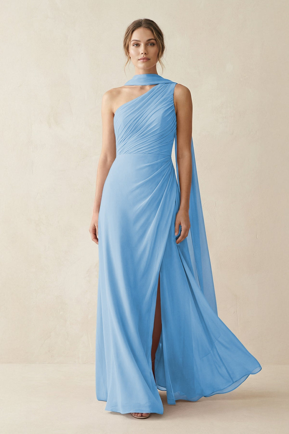 One - Shoulder Sheath Chiffon Bridesmaid Dress with Ribbon in Steel Blue - KISS BRIDAL Bridesmaid Dresses
