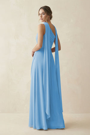 One - Shoulder Sheath Chiffon Bridesmaid Dress with Ribbon in Steel Blue - SHE IS ME Bridesmaid Dresses