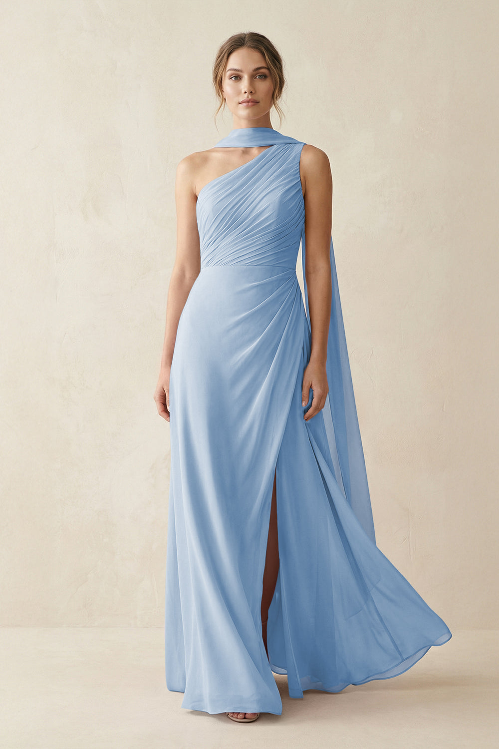 One-Shoulder Sheath Chiffon Bridesmaid Dress with Ribbon in Steel Blue