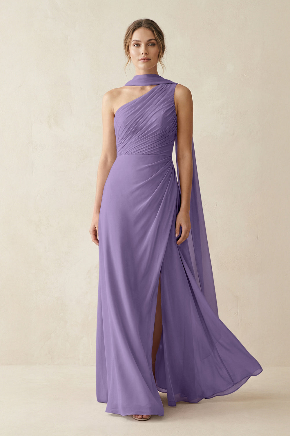 One-Shoulder Sheath Chiffon Bridesmaid Dress with Ribbon in Tahiti