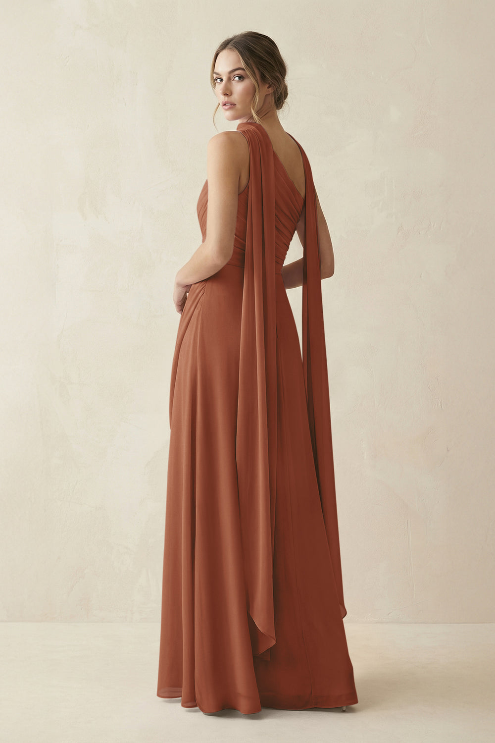 One-Shoulder Sheath Chiffon Bridesmaid Dress with Ribbon in Terracotta