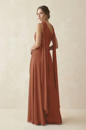 One-Shoulder Sheath Chiffon Bridesmaid Dress with Ribbon in Terracotta (2) | KISSBRIDAL