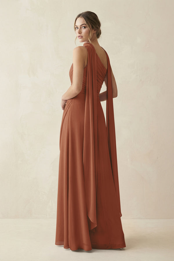 One-Shoulder Sheath Chiffon Bridesmaid Dress with Ribbon in Terracotta (2) | KISSBRIDAL