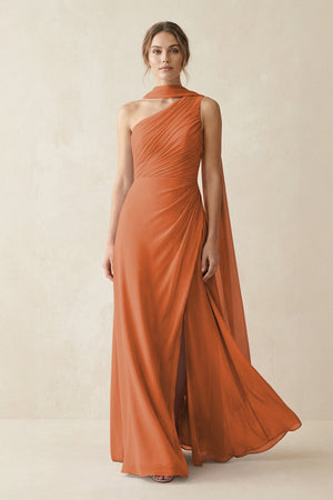 One - Shoulder Sheath Chiffon Bridesmaid Dress with Ribbon in Terracotta - SHE IS ME Bridesmaid Dresses