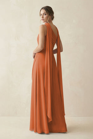 One - Shoulder Sheath Chiffon Bridesmaid Dress with Ribbon in Terracotta - SHE IS ME Bridesmaid Dresses