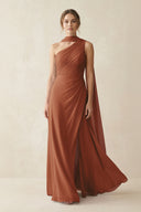 One-Shoulder Sheath Chiffon Bridesmaid Dress with Ribbon in Terracotta | KISSBRIDAL
