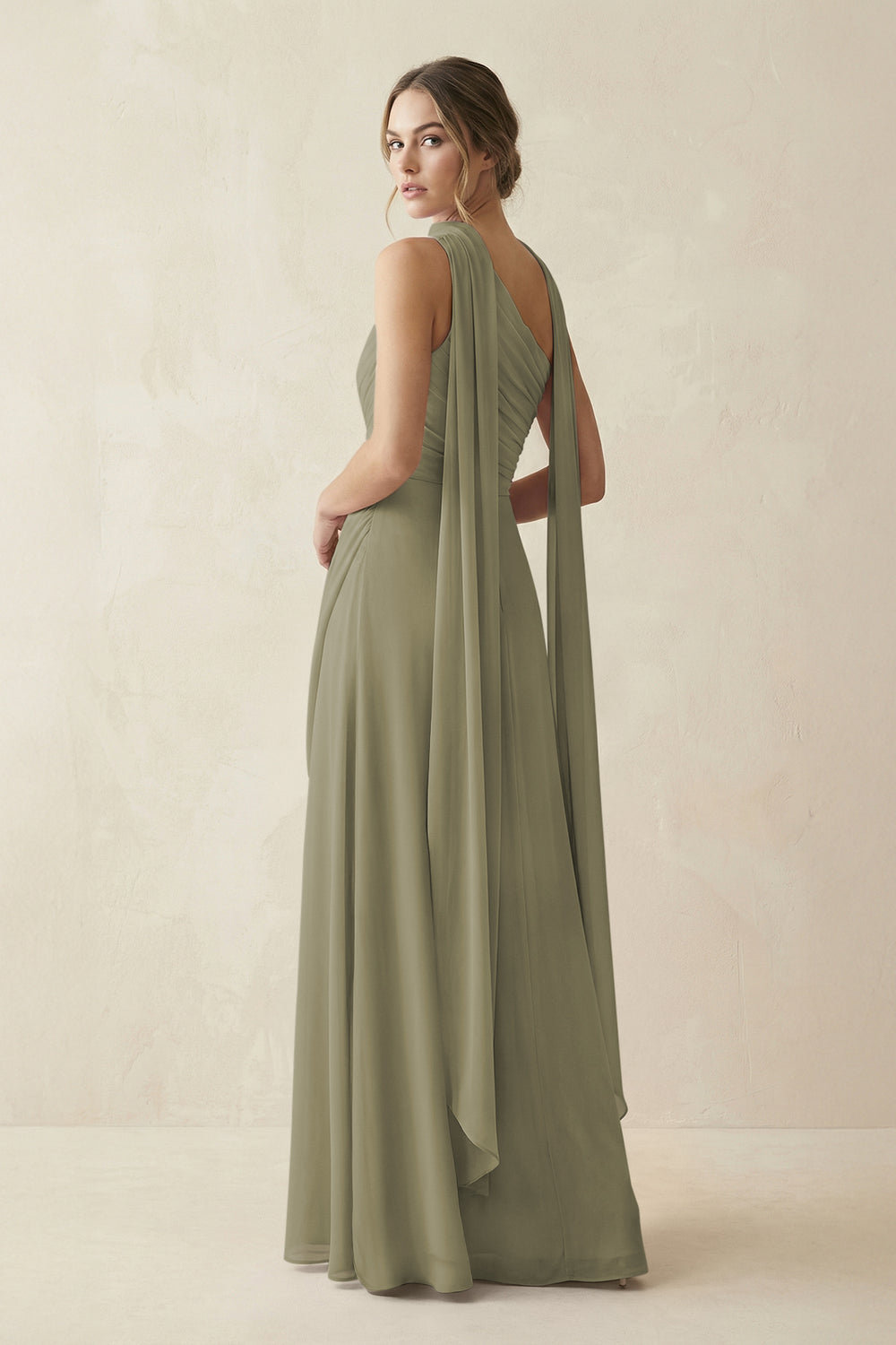 One-Shoulder Sheath Chiffon Bridesmaid Dress with Ribbon in Thyme