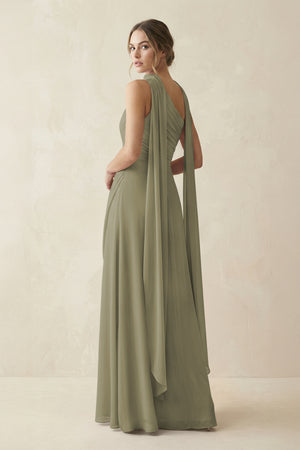 One-Shoulder Sheath Chiffon Bridesmaid Dress with Ribbon in Thyme (2) | KISSBRIDAL