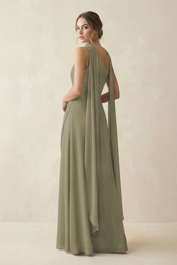 One-Shoulder Sheath Chiffon Bridesmaid Dress with Ribbon in Thyme (2) | KISSBRIDAL