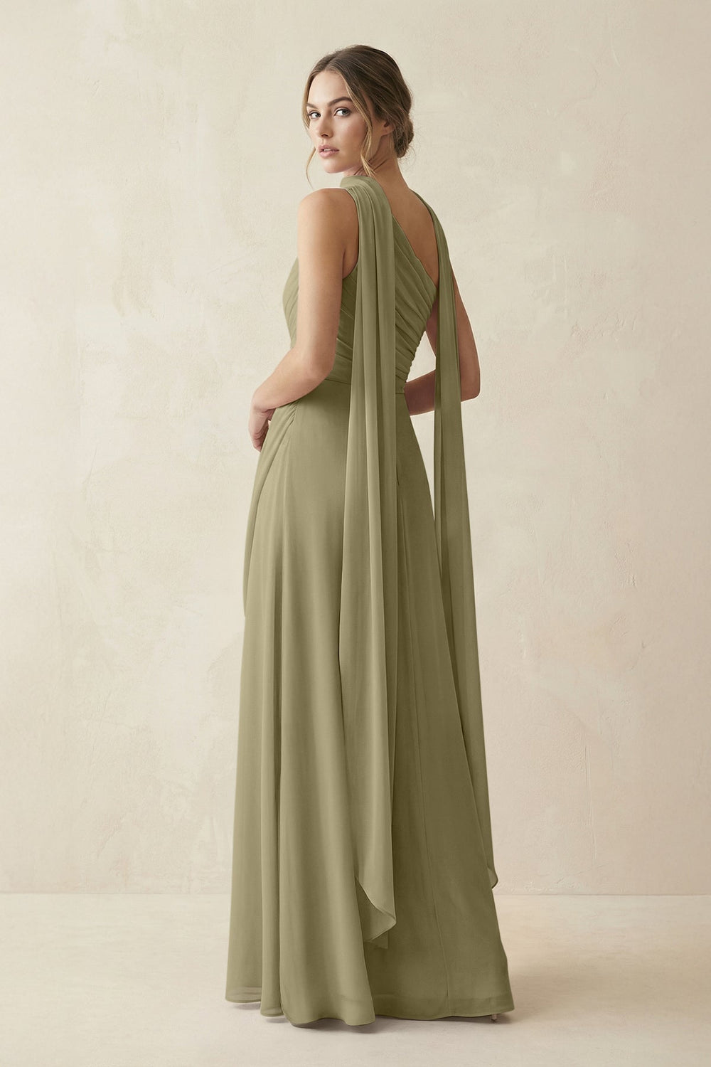 One - Shoulder Sheath Chiffon Bridesmaid Dress with Ribbon in Thyme - KISS BRIDAL Bridesmaid Dresses