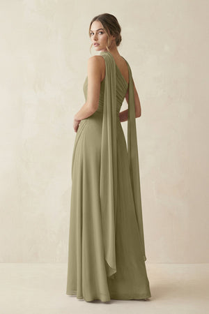 One - Shoulder Sheath Chiffon Bridesmaid Dress with Ribbon in Thyme - SHE IS ME Bridesmaid Dresses