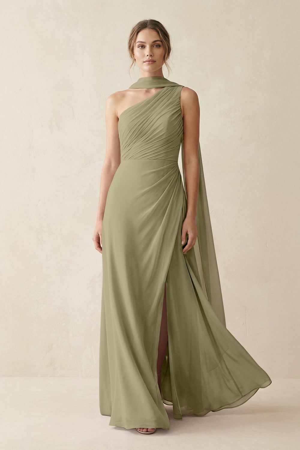 One - Shoulder Sheath Chiffon Bridesmaid Dress with Ribbon in Thyme - KISS BRIDAL Bridesmaid Dresses